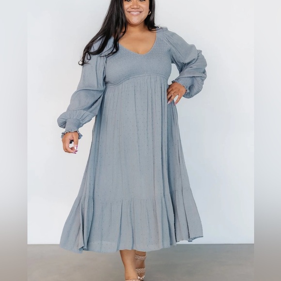Baltic Born Lainey Smocked Dotted Midi Dress - Dusty Blue - Picture 1 of 10